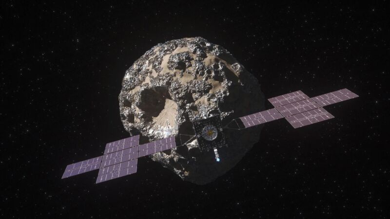  An illustration depicts a NASA spacecraft approaching the metal-rich asteroid Psyche. Though there are no plans to mine Psyche, such asteroids are being eyed for their valuable resources