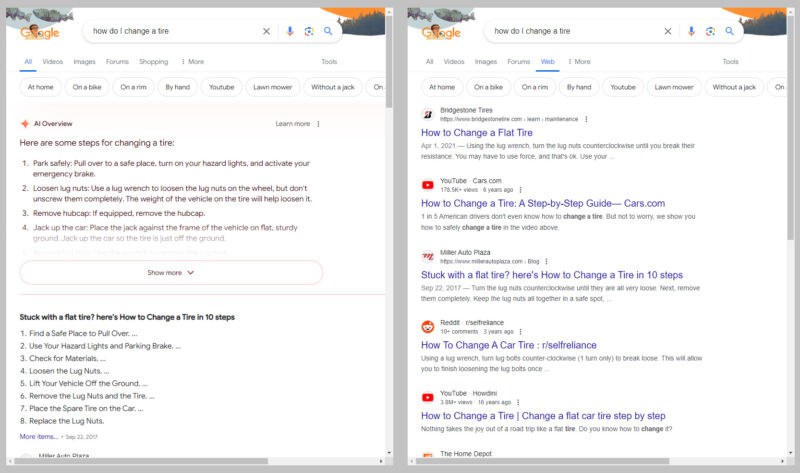 The now-normal "AI" results versus the old-school "Web" results.