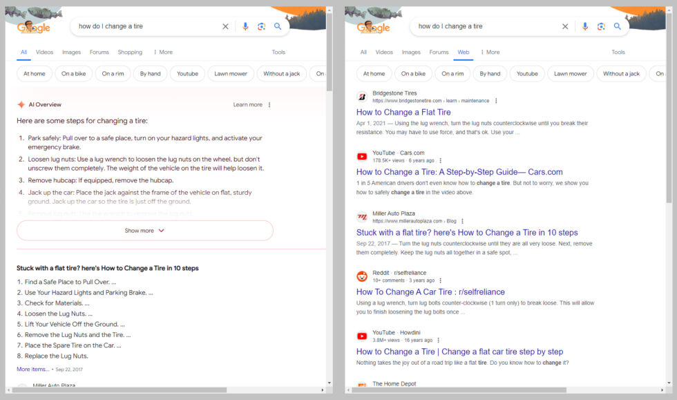 Left: The default results show no webpages at all on the first screen. Right: The "Web" filter looks like Old Google.