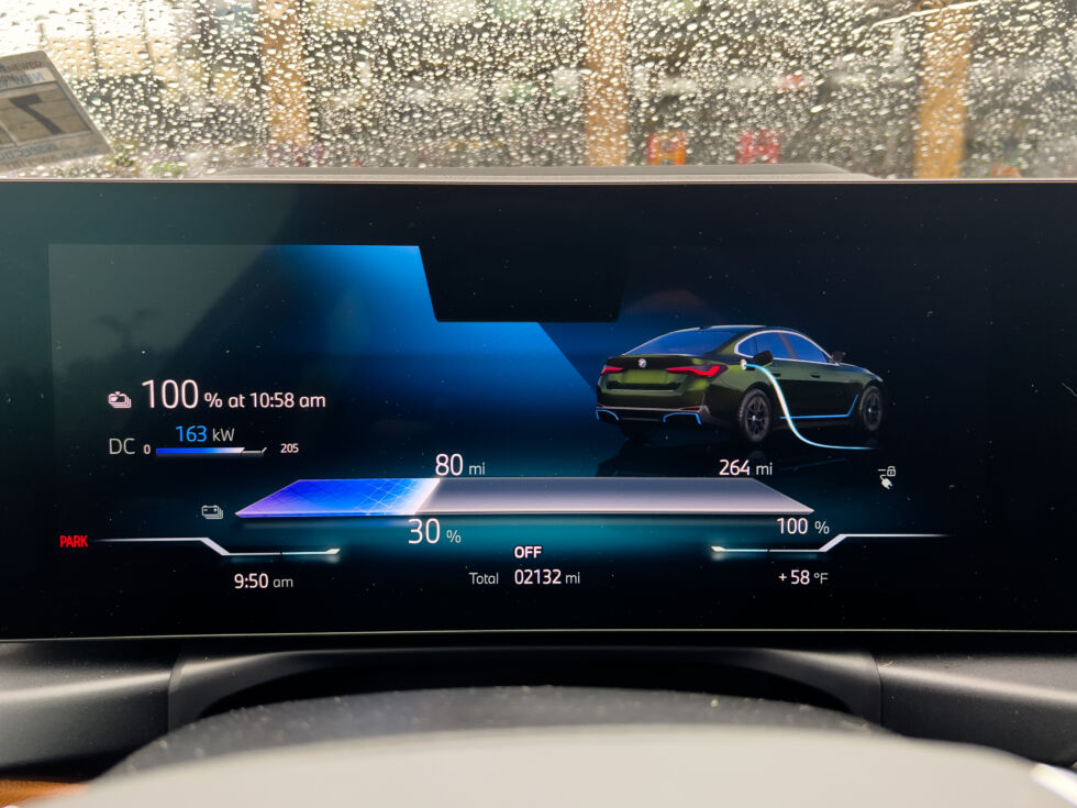 Don't get distracted by the fact that the i4 thought it would only have 264 miles by the time it was fully charged—I drove to the charger in Sport mode to warm the battery as much as possible for better charging. 