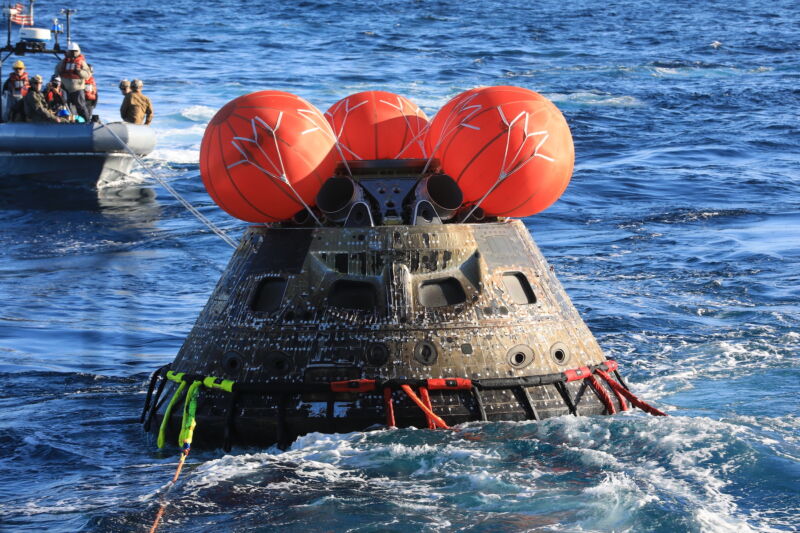 The Orion spacecraft after splashdown in the Pacific Ocean at the end of the Artemis I mission.