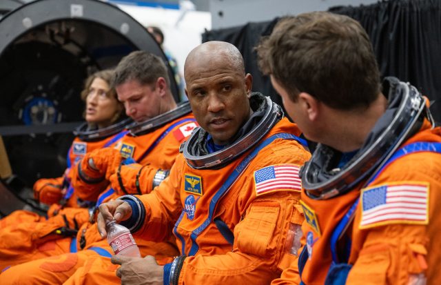 Victor Glover, second from right, participates in an Artemis II training session at NASA's Johnson Space Center in Houston.