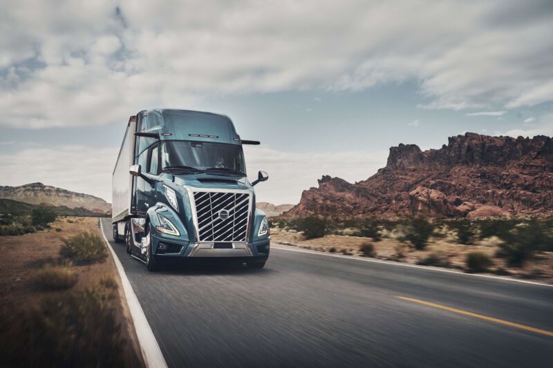 A Volvo VNL class eight truck on the road