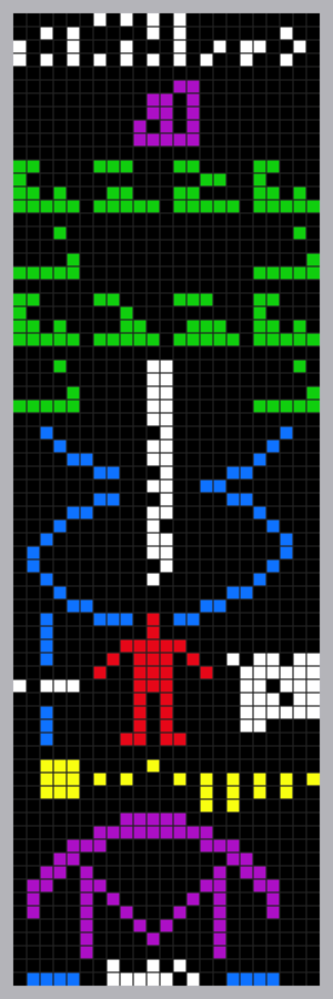 A colorized version of the Arecibo message, a binary transmission beamed into space in 1974.