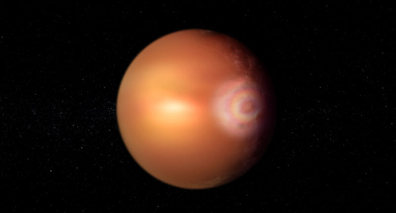 Imagen de un planeta sobre un fondo oscuro, con un círculo iridiscente en el lado derecho del planeta.