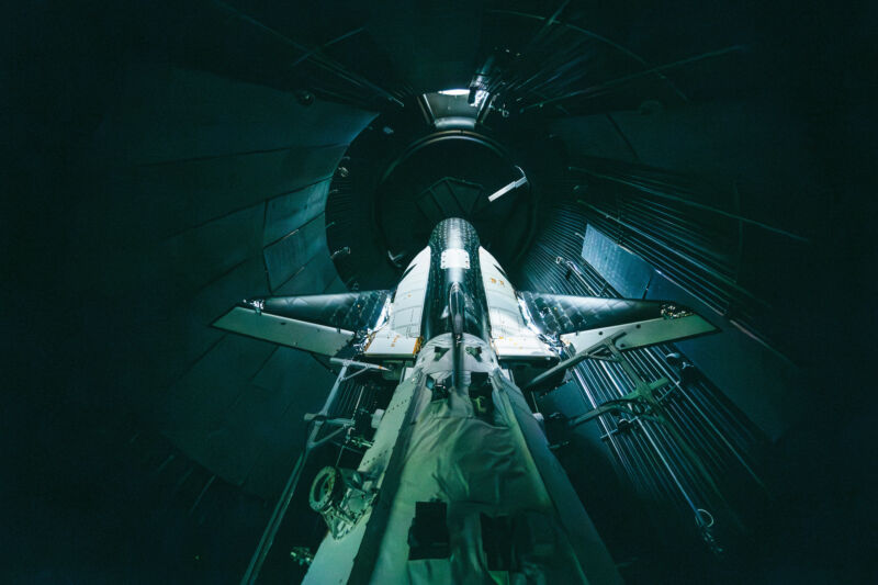 Sierra Space's Dream Chaser spaceplane inside a NASA test chamber in Ohio.