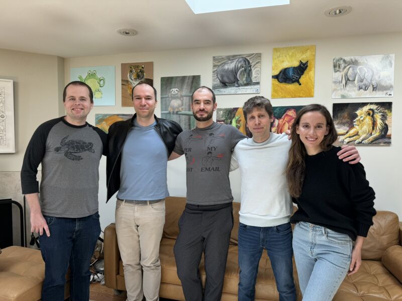 An image Illya Sutskever tweeted with this OpenAI resignation announcement. From left to right: New OpenAI Chief Scientist Jakub Pachocki, President Greg Brockman, Sutskever, CEO Sam Altman, and CTO Mira Murati.