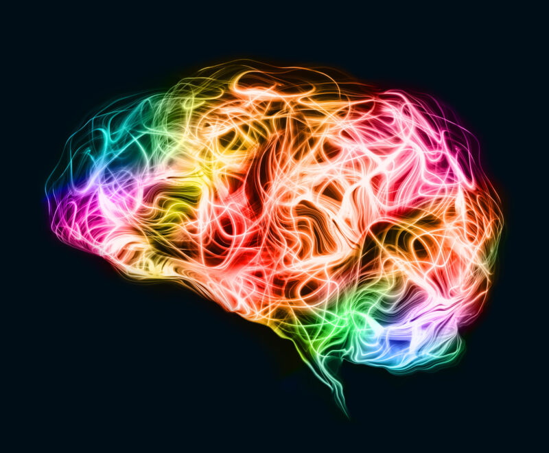 A black background with multicolored swirls filling the shape of a human brain.