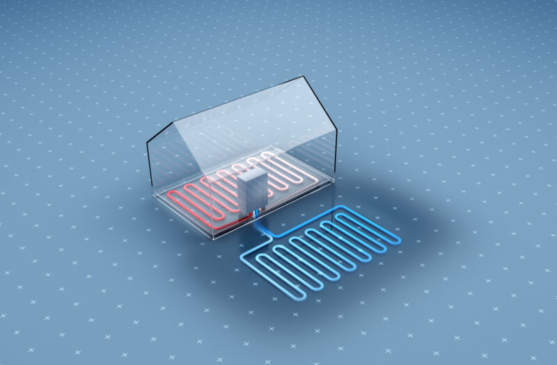 Simplified diagram of a heat pump, showing warm red coils inside a building, and cooler blue ones outside.