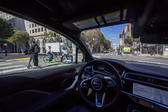 Inside a Waymo robotaxi in downtown Los Angeles on March 11, 2024.