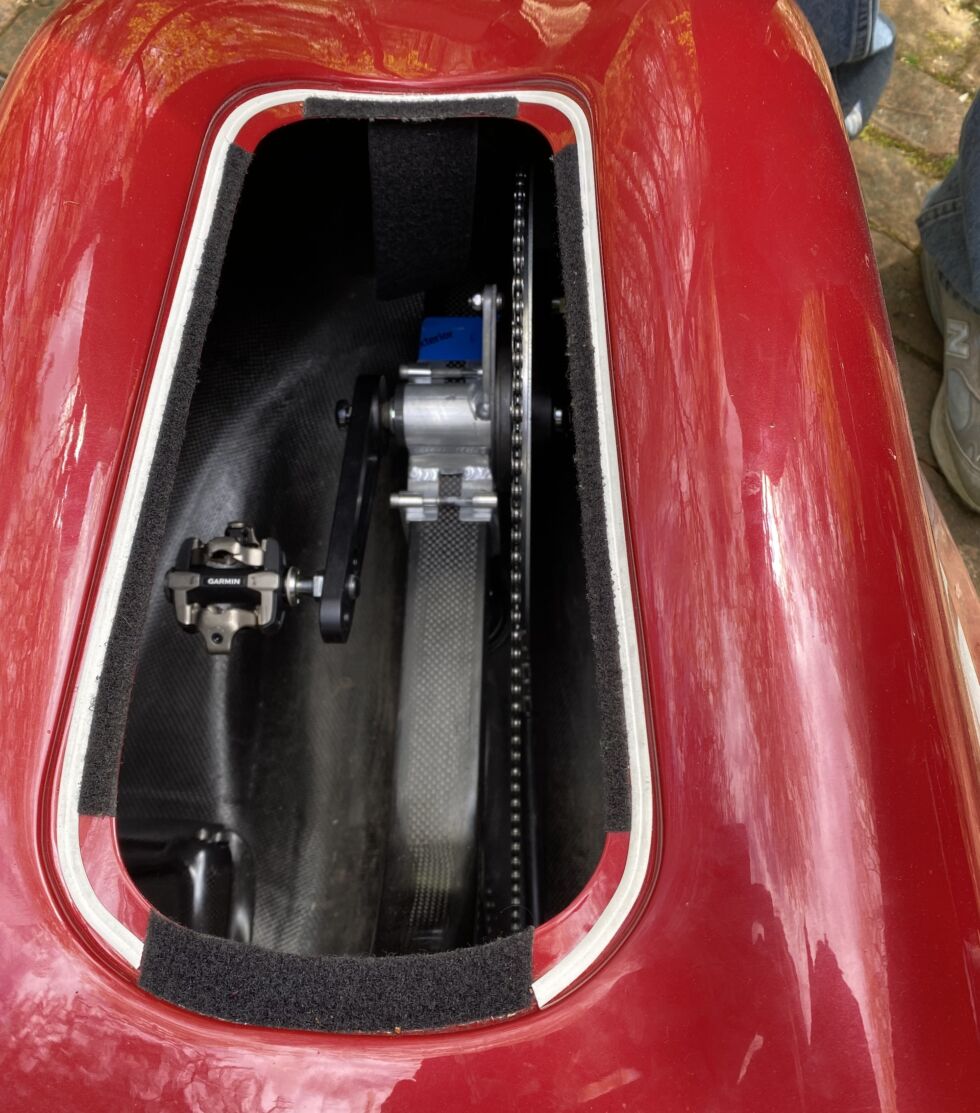 A velcro-fastened hatch can be removed to perform work on the front cranks.