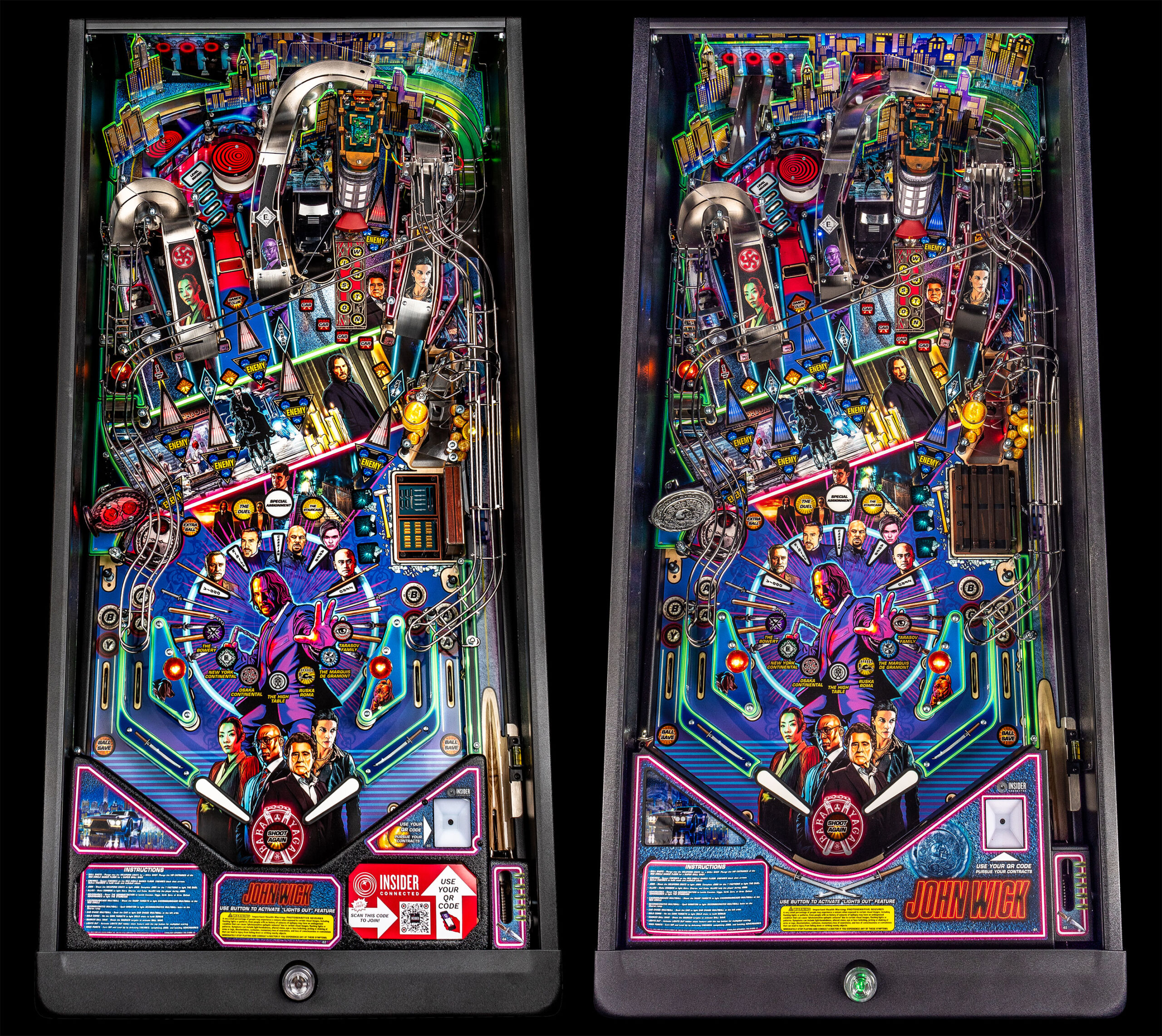 The Pro (L) and Premium (R) versions of the playfield are similar, but the Premium includes a few more shots and interactive elements.