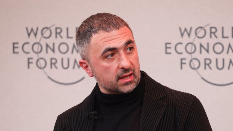 Mustafa Suleyman, co-founder and chief executive officer of Inflection AI UK Ltd., during a town hall on day two of the World Economic Forum (WEF) in Davos, Switzerland, on Wednesday, Jan. 17, 2024.