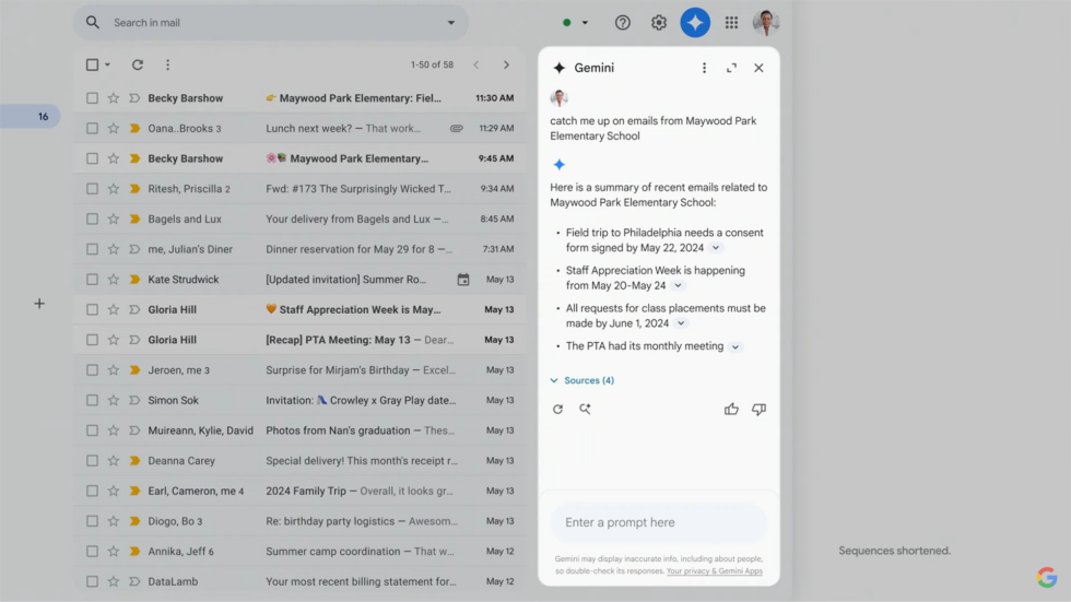 AI in Gmail will sift through emails, provide search summaries, send emails