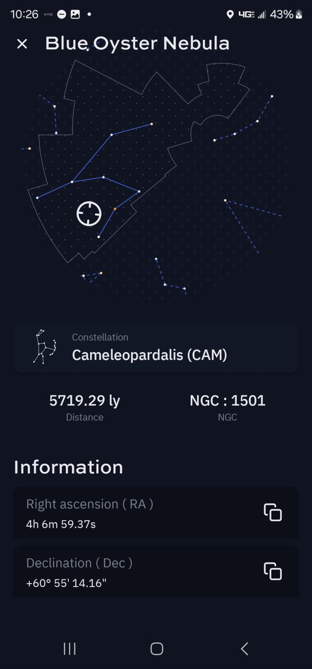 An iPhone app screenshot showing telescope settings
