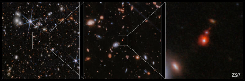 Scientists have determined the system to be evidence of an ongoing merger of two galaxies and their massive black holes when the Universe was only 740 million years old.