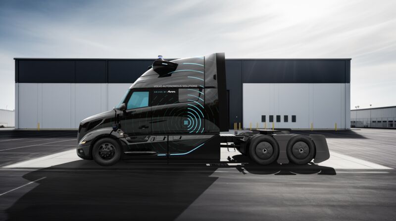 A Volvo VNL truck covered in autonomous driving sensors