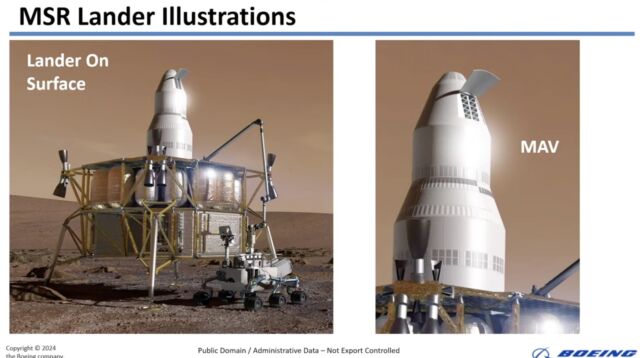 Boeing's proposal involves a massive lander and Mars Ascent Vehicle, seen dwarfing NASA's Perseverance rover in this artist's illustration.