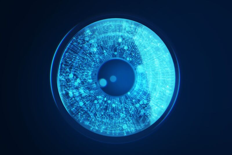 Ilustración de un ojo humano con componentes digitales.