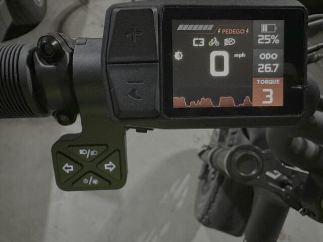 The display is bright and easy to read in sunlight. All of the e-bike controls are within ready reach.