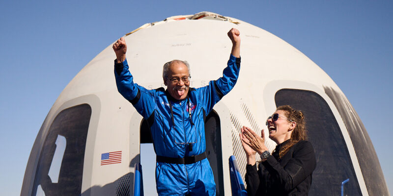 Ed Dwight, 90, exits Blue Origin's crew capsule Sunday after a 10-minute flight to the edge of space.