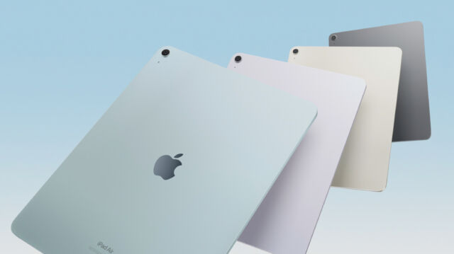 Apple's new iPad Airs in blue, purple, starlight, and space gray.