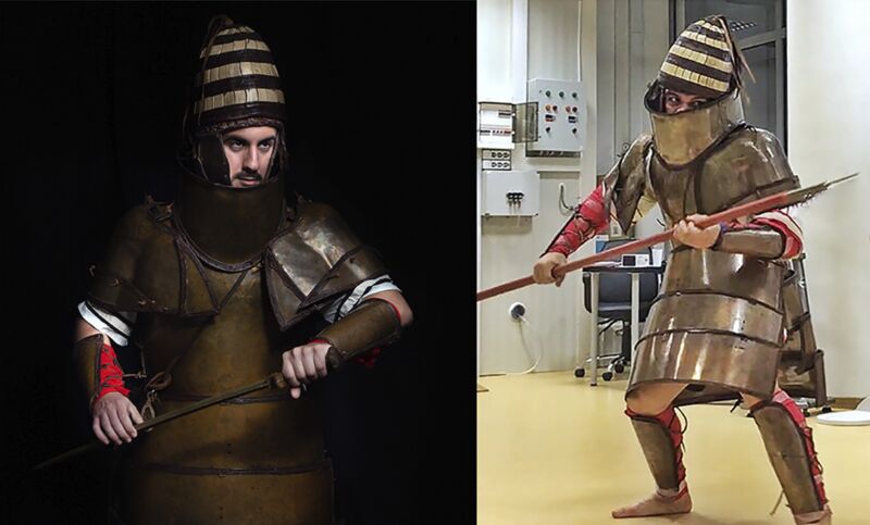 Two images of a person wearing unusual armor that covers his torso in bands of metal, with a deep collar and high helmet.