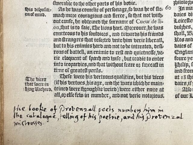 Milton refers to ‘the booke of Provenzall poets’ discussing Richard the Lionheart's poetry and mistresses.