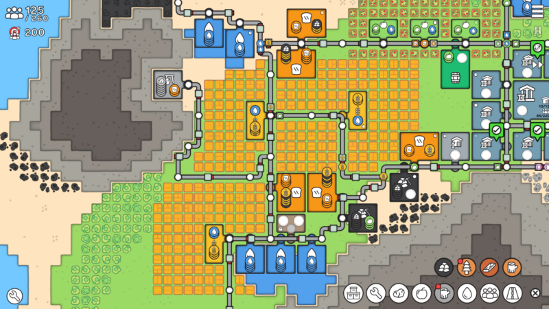 Mini Settlers screen showing rocks, fields, and lots of water pumps and farms.