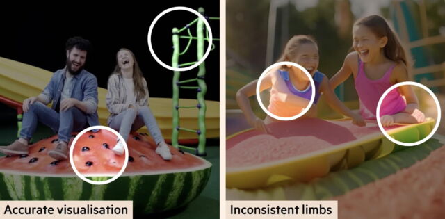 At left, the video generated by Sora includes multiple elements, such as the banana slide, runner bean frame, and watermelon roundabout. At right, the video generated by Runway has distorting limbs throughout.