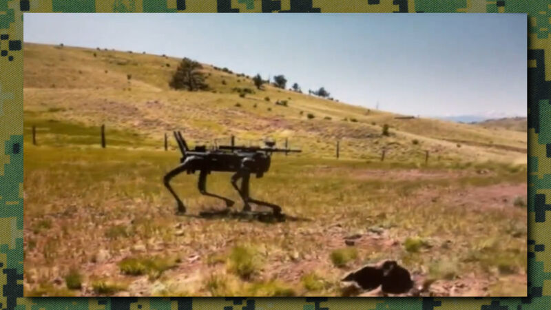 A still image of a robotic quadruped armed with a remote weapons system, captured from a video provided by Onyx Industries.