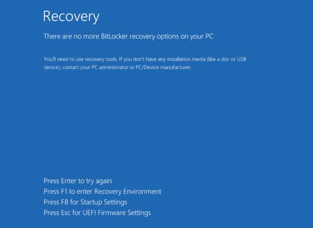 Captura de pantalla que muestra la pantalla de recuperación de BitLocker.