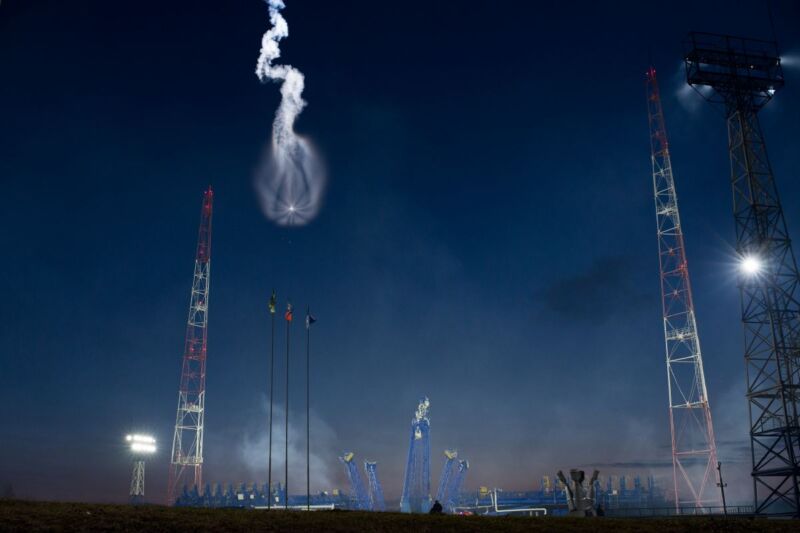 A Russian Soyuz the rocket leaves the Plesetsk cosmodrome on May 16.