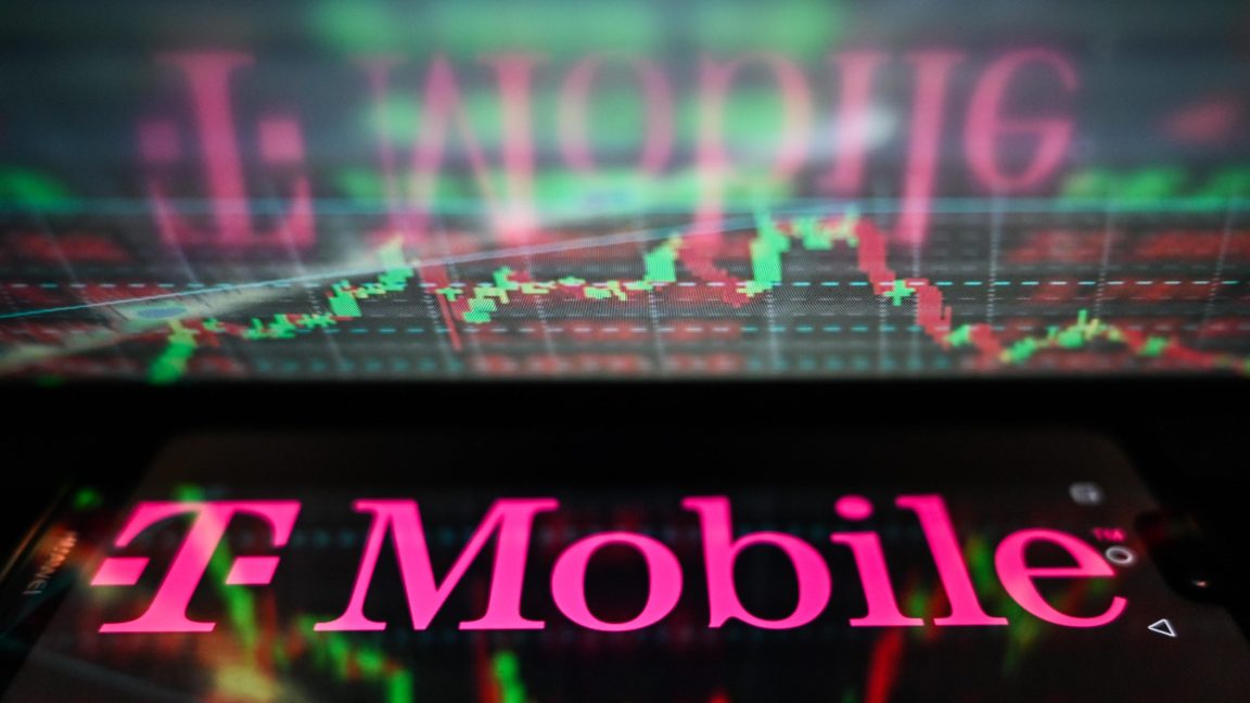 T-Mobile logo displayed in front of a stock market chart.