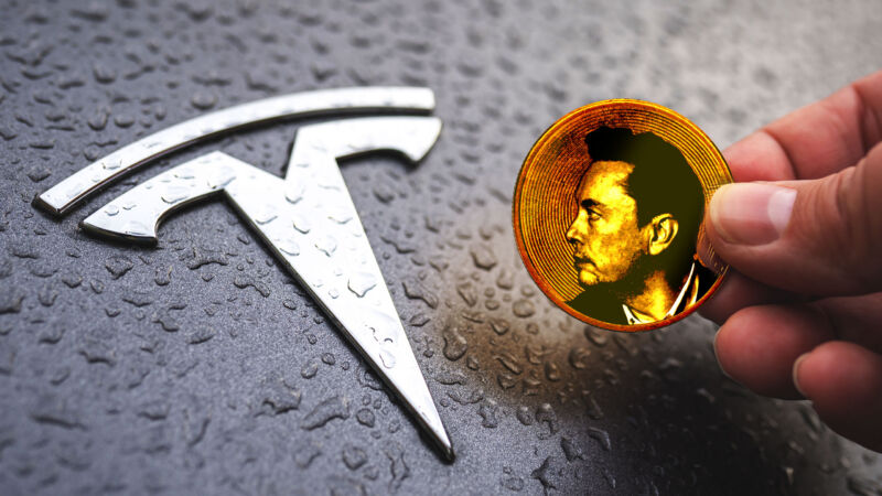 A coin with Elon Musk's face on it, being held next to a Tesla logo