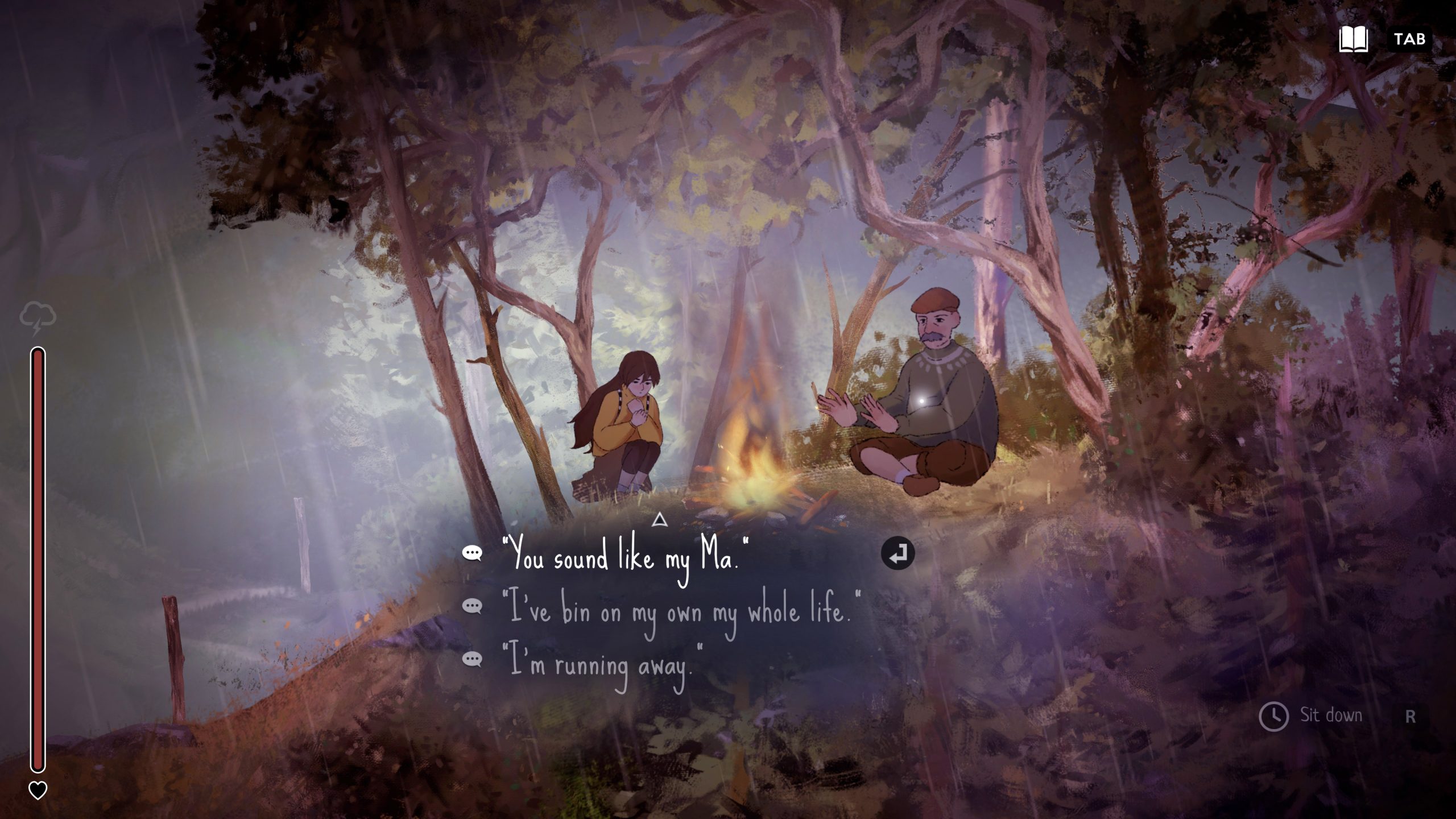 A dialogue choice menu in a hand-painted video game world
