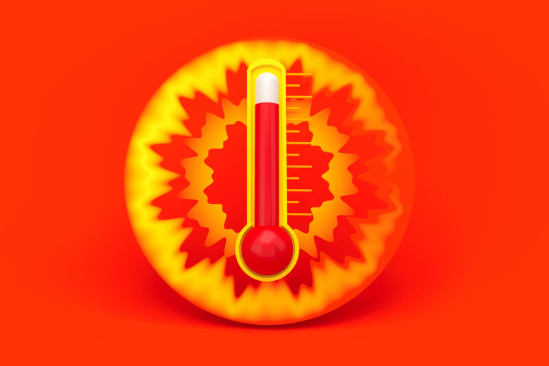 A red and orange background, with a thermometer representing extreme heat in the center.