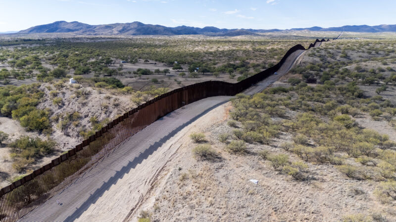 This aerial picture taken on December 8, 2023, shows the US-Mexico border wall in Sasabe, Arizona. 