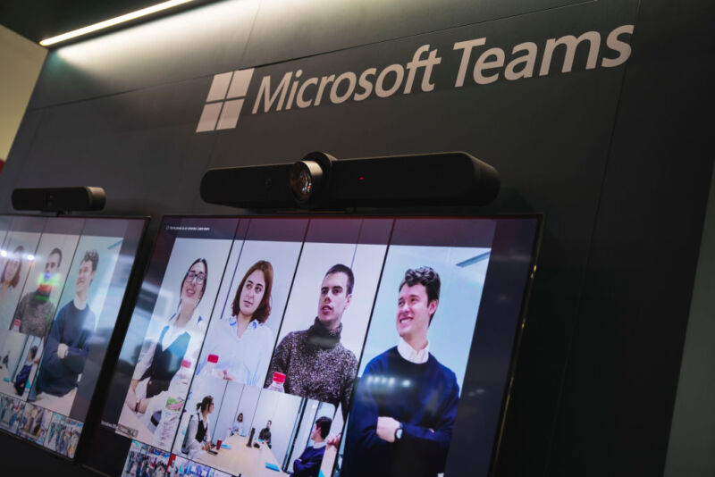 A screen shows a virtual meeting with Microsoft Teams at a conference on January 30, 2024 in Barcelona, Spain.