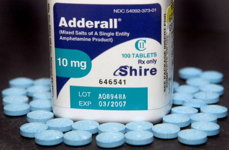 Ten milligram tablets of the hyperactivity drug, Adderall, made by Shire Plc, is shown in a Cambridge, Massachusetts pharmacy Thursday, January 19, 2006.