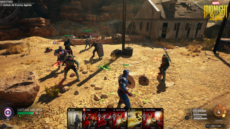 Characters in battle, with cards in the forefront, in Midnight Suns
