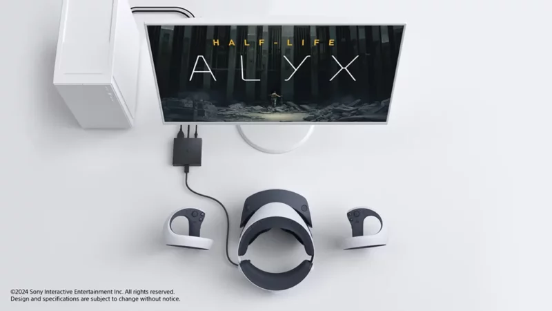 A PSVR2 headset connected to a desktop PC running Half-Life: Alyx