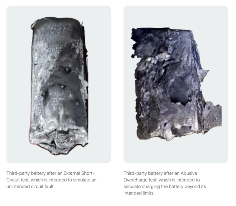 Images of two charred batteries from Apple's Longevity by Design document