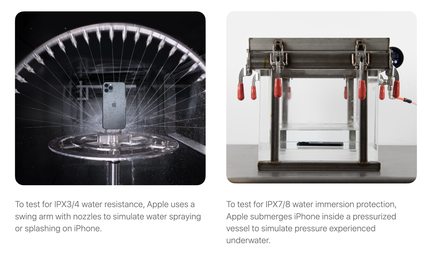 Photos from Apple's "Longevity, by Design" document showing the water ingress testing as part of its design.