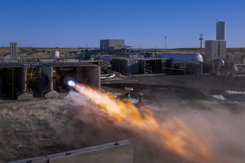 A drone camera captures the hotfire test of Stoke Space's full-flow staged combustion engine at the company's testing facility in early June.