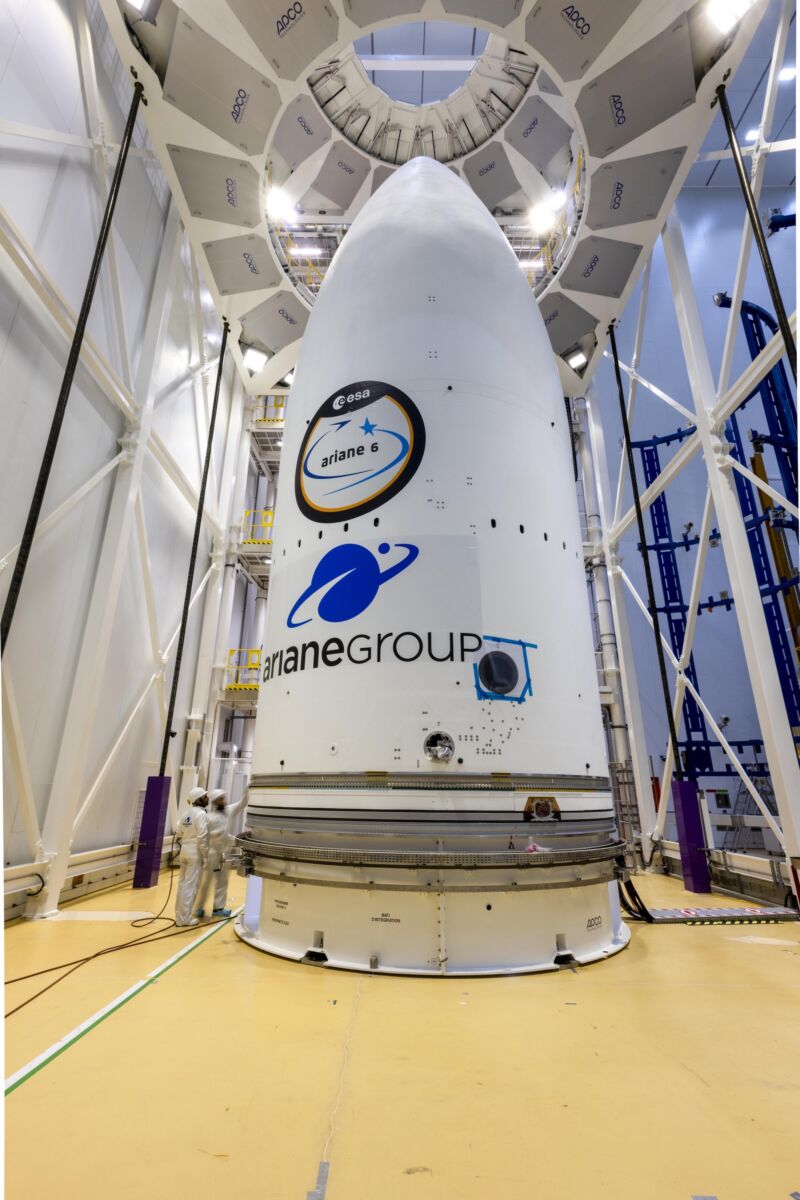 The payload fairing for the first test flight of Europe's Ariane 6 rocket has been positioned around the small satellite that will launch it into orbit.
