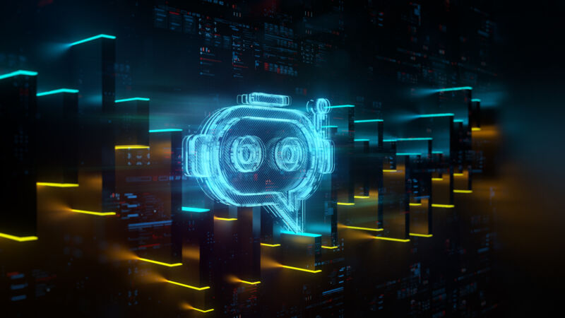Digital chatbot icon on future tech background. Productivity of AI bots evolution. Futuristic chatbot icon and abstract chart in world of technological progress and innovation. CGI 3D render