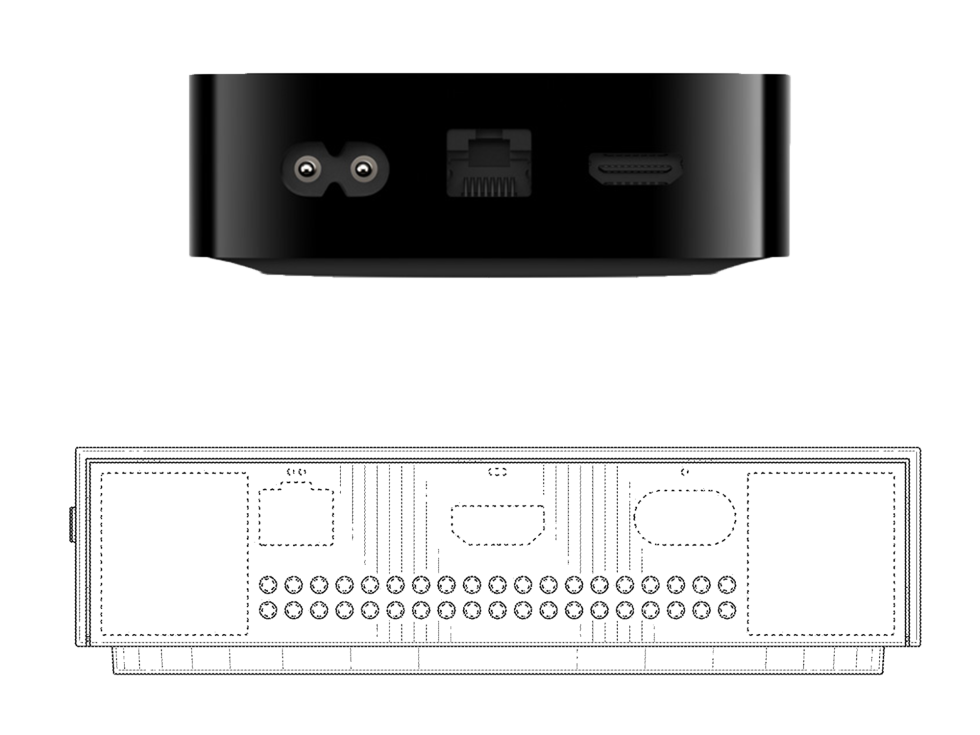 The cloud Xbox compared to a current-generation Apple TV 4K, with sizes roughly normalized based on the sizes of the HDMI and Ethernet ports. The Xbox console would have been a bit larger, but not dramatically so. 