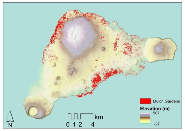 A map of results from the analysis of rock gardens on Easter Island.