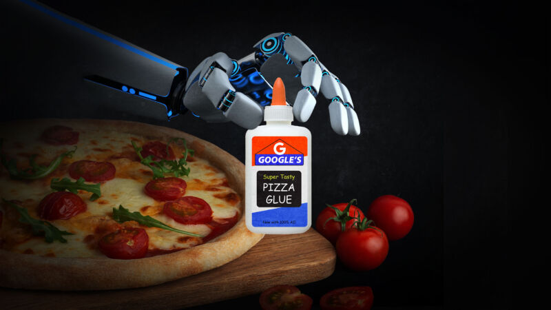 robot hand holding glue bottle over a pizza and tomatoes
